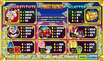 Porky Payout Paytable Screen