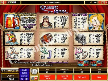 Quest for Beer Paytable