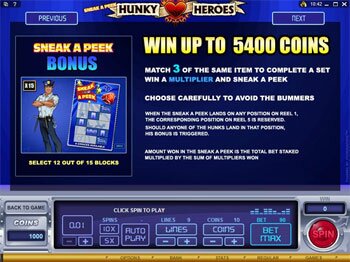 Sneak a Peak Hunky Heroes Paytable